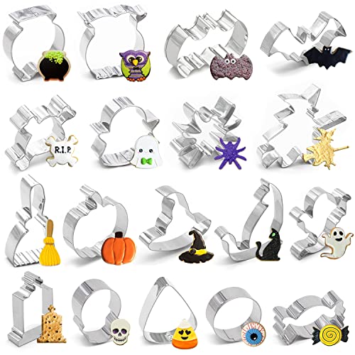 쿠키커터 18PCS Halloween Cookie Cutters - Pumpkin,Witch,Bat,Ghost,Cat,Tombstone,Spider, Skull,Candy Corn, Owl,Hat,Cauldron,Broom Party Supplies