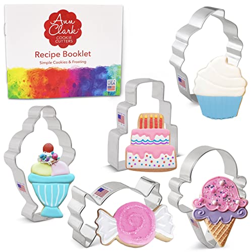 쿠키커터 Ann Clark Cookie Cutters 5-Piece Candy and Sweets Cookie Cutter Set with Recipe Booklet, Candy, Cupcake, Ice Cream Cone, Cake, Ice Cream Sundae