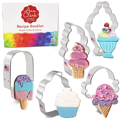 쿠키커터 Ann Clark Cookie Cutters 5-Piece Ice Cream and Sweets Birthday Cookie Cutter Set with Recipe Booklet, Ice Cream Cone, Soft Serve Cone, Popsicle, Ice Cream Sundae