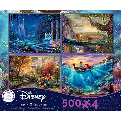Ceaco - 4 1 Multipack Thomas Kinkade 디즈니 Dreams 컬렉션 Cinderella Lion 킹 Mickey Minnie Little Mermaid 500 피스 직소 퍼즐 Blue