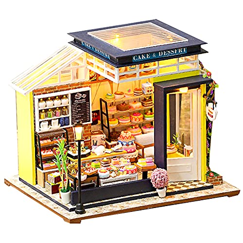 moin moin 1/24 Dollhouse Miniature Handmade Kit Set for Cafe Colorful Cakes Line Up Cake House Yellow Coffee House | LED Light + Acrylic Case 2105DH254