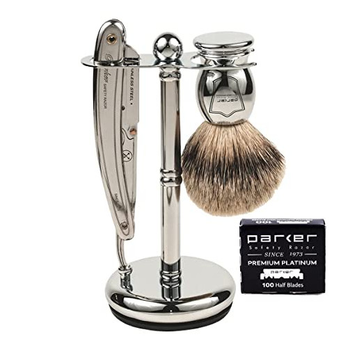 Parker SR1 남성 면도 세트 퓨어 오소리 브러시 면도대 면도기 및 100개의 칼날 남자선물