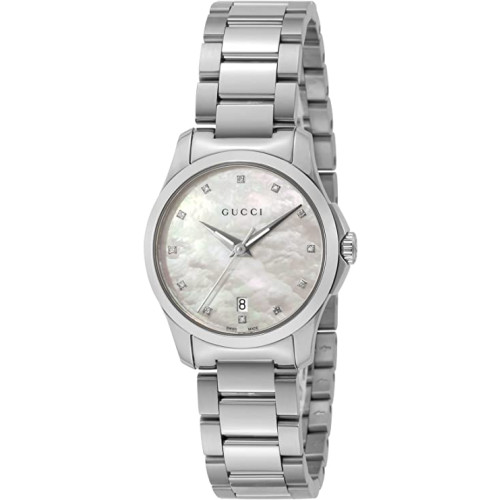 구찌 손목시계 G-TIMELSG 타임리스 화이트펄 문자판 스테인레스 스틸 사파이어 유리 쿼츠 27MM 스위스 Watch YA126542 여성 실버