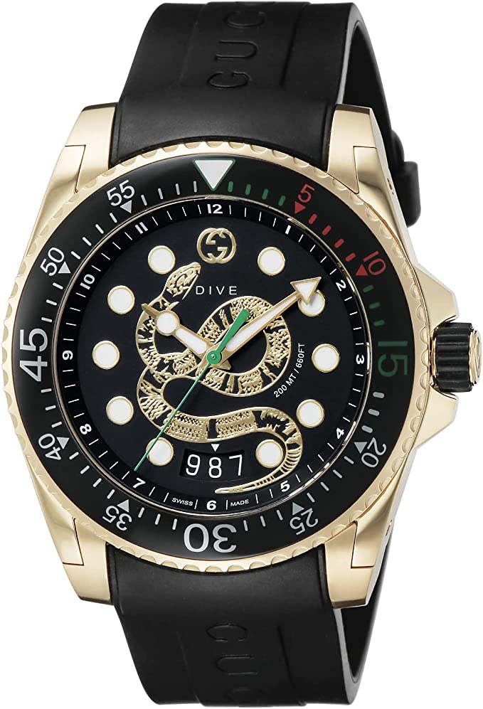 구찌 손목시계 DIVE 다이브 블랙 문자판 스테인레스 스틸 사파이어 유리 쿼츠 45MM 스위스 Watch YA136219 남성
