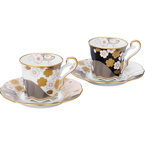 Noritake 노리다케 커피 잔 & 받침 (색상 변화 페어 세트) 200cc 암미나모 2 손님 사쿠라 금은채 · 밤벚꽃 금은채 본차이나 P52506/4939-10