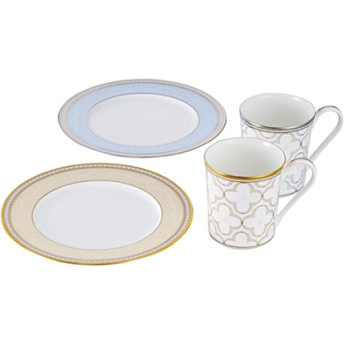Noritake 노리다케 머그 & 플레이트 (페어 세트) 머그 395cc, 플레이트 22cm 트레폴리오 골드 플래티넘 머그 2 개, 플레이트 2 장 골드 플래티넘 본차이나 M9722/4945-57