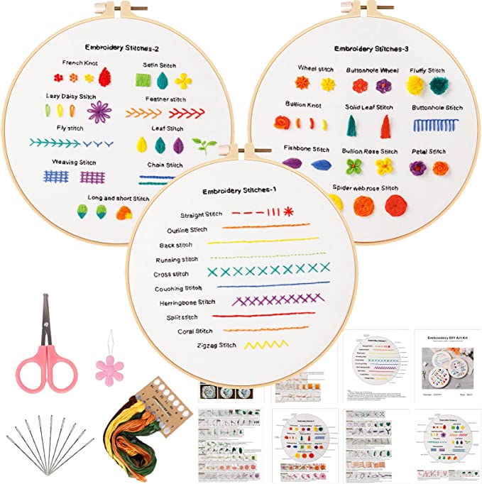 패턴과 지침이 포함된 ojindiy 3팩 자수 스타터 키트 DIY 초보자 스티치 키트에는 후프 1개 플랜트 슈트 컬러 스레드 3개 초급 실무 가 포함
