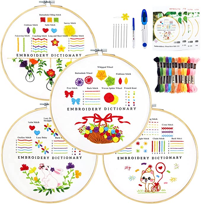 DPSKLTD 4종 세트 자수 실밥 연습 키트 패턴이 있는 초보자용 어린이와 성인용 손 시작자 공예 애호가