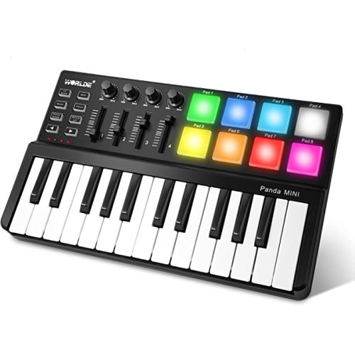 Vangoa MIDI 키보드 컨트롤러 25개 키 월드 팬더 미니 USB 및 드럼 패드 비트 메이커 머신 블랙