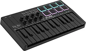 8개의 백라이트 드럼 패드가 있는 M-WAVE 25 키 USB MIDI 키보드 컨트롤러 블루투스 세미 웨이트 프로페셔널 동적 키베드 8 노브 및 음악 제작 소프트웨어 포함 검정