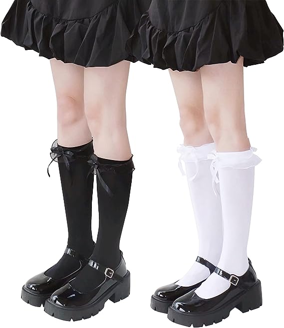 SHUCLASS 여성 오버니삭스 귀여운 나비매듭 니하이 cosplay나 교복용 레이스 롱삭스 리본 미각 숏삭 하이삭스 면 무지 양말 니하이삭스