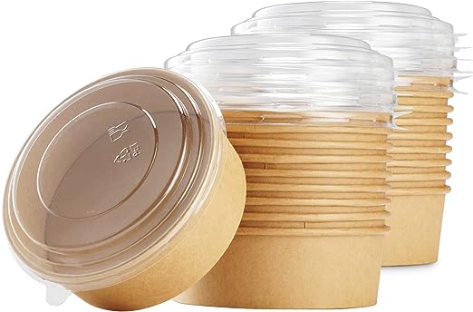 25 Pack Round Deli Containers Eco Friendly To-Go Microwavable - Freezer Disposable |Leak/Grease Kraft Food Bowls | Hot/Cold Restaurant Take-out Storage Containers With Clear Dome Lids (Kraft, 20oz)