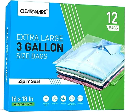 Clearware 12 Large Plastic Bags With Zipper Top - 3 Gallon Bags 16