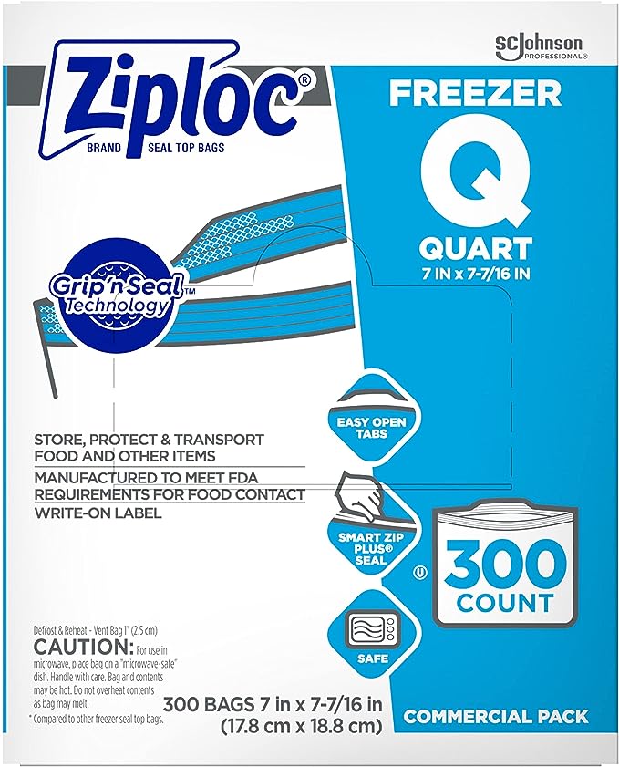 Ziploc Freezer Bags, For Food Organization and Storage, Double Zipper, Quart, 300 Count