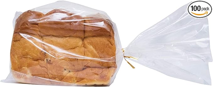 Wowfit Bread Poly Bags – Pack of 100 Entirely Transparent Clear Bakery Bags – Bread Loaf Packing Bags with 100 Gold Twist Ties – 8x4x18-Inch Grocery Bread Bags