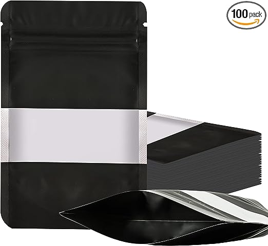 100 Pieces Smell Proof Mylar Bags, Resealable Food Storage Bags with Clear Window, Foil Pouch Stand-up Bags for Food Self Sealing Storage Supplies (Black, 3.5 x 5 Inch)