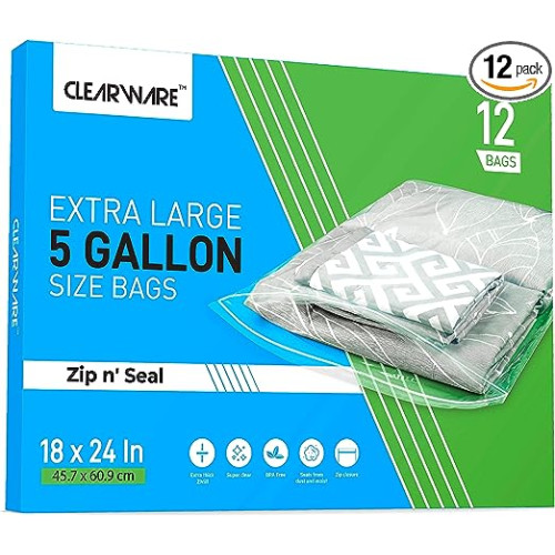 Clearware 12 Large Plastic Bags With Zipper Top - 5 Gallon Bags 18