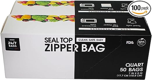 24/7 Bags: Quart Food Storage Bags, 100 Count, Easy Open Tabs, Zip-Lock, Food Grade, Writable Rectangle (2 Pack of 50)