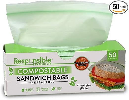 Responsible Products Certified Compostable SANDWICH Resealable Zip Bag, Extra Strength Food Bags, Plant-Based Freezer-Safe (50 Pack)
