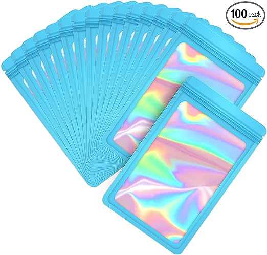 100-pack mylar bags with clear window holographic smell proof packaging bag for small bussiness resealable zipper sealable pouch bags sample, food ,jewelry,Lipgloss,soap ,electronic supplies（3×3 inch,blue ）