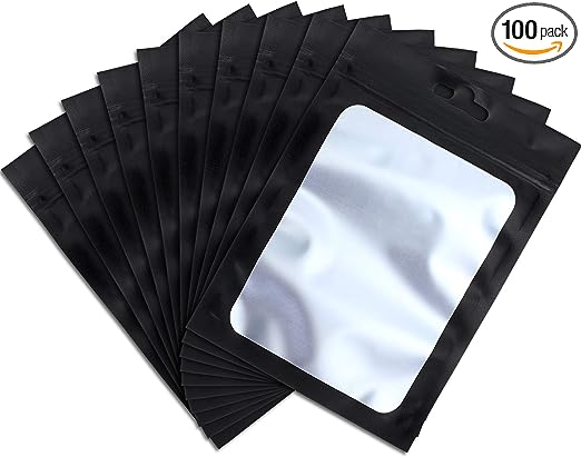 100 Pieces Resealable Foil Food Storage Bags with Clear Window Coffee Beans Packaging Pouch for Food Self Sealing Storage Supplies (black, 6.3 x 9.4 Inch)