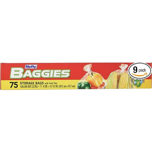 Hefty Baggies Food Storage Bags, Gallon Size, Twist Tie, 75 Count (Pack of 9), 675 Total