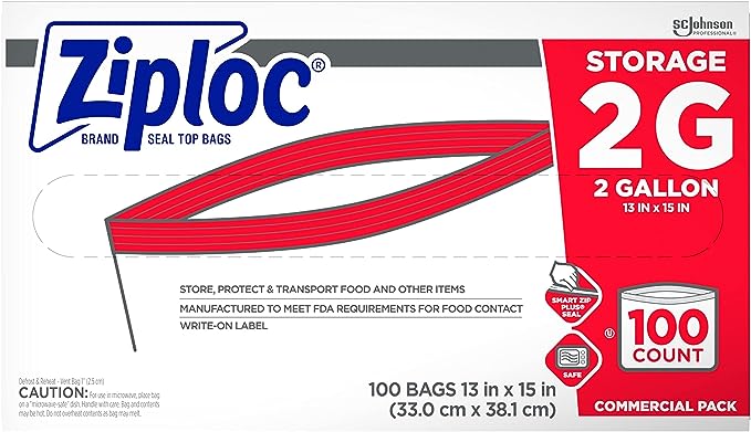 SC Johnson Professional Ziploc Storage Bags, For Food Organization and Storage, Double Zipper, 2 Gallon, 100 Count