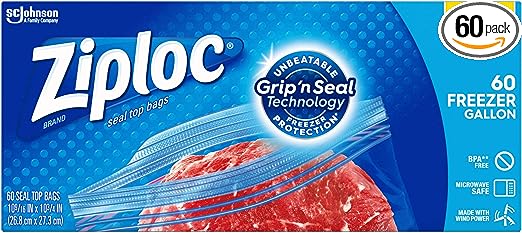 Ziploc Freezer Bags with New Grip 'n Seal Technology, Easy Open Tabs, Gallon, 60 Count
