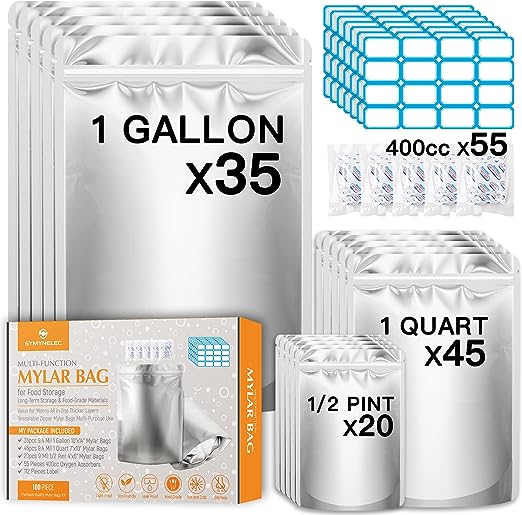 100PCS Mylar Bags with 400cc Oxygen Absorbers, 11.8 Mil Thicker Long Term Food Storage Bag, 1 Gallon 10x14 6x9 4x6 Stand-up Zipper Resealable Heat Sealable for Airtight Smell Proof Packaging