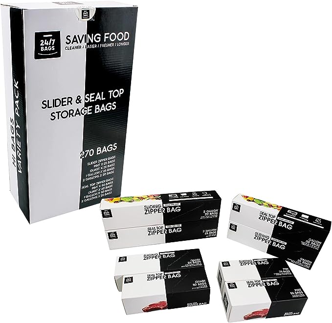 24/7 Bags | Slider & Double Zipper Storage Bags, Multi-Variety Pack, 4 Sizes & 2 Styles, 270 Count (Includes 2 Gallon Bags)