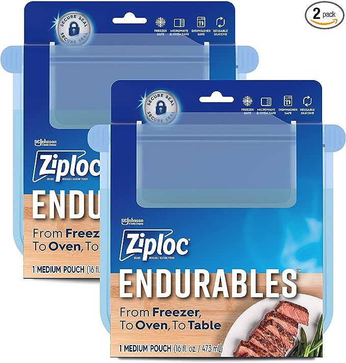Ziploc Endurables Medium Pouch, 2 Cups, Reusable Silicone Bags and Food Storage Meal Prep Containers for Freezer, Oven, and Microwave, Dishwasher Safe, 2 Pack