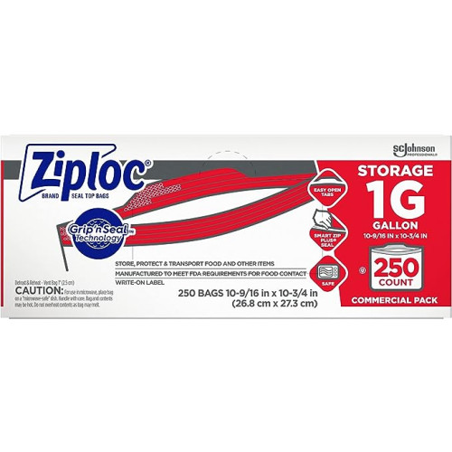 Ziploc Storage Bags with New Grip 'n Seal Technology, For Food Organization and Storage, Double Zipper, Gallon, 250 Count