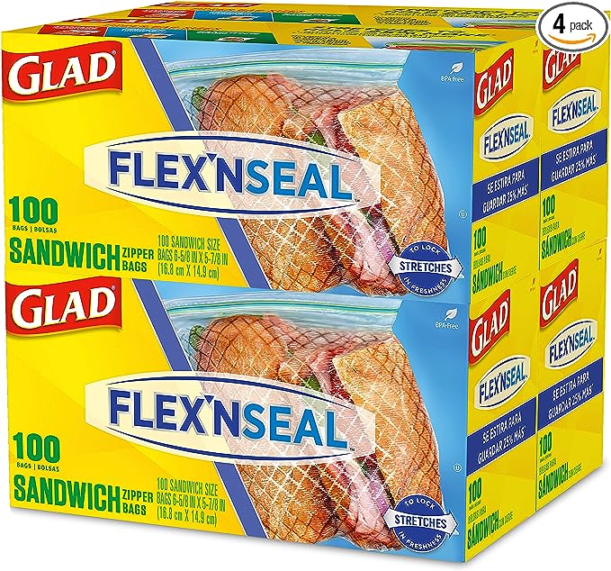 GLAD FLEXN' SEAL Zipper Food Storage Sandwich Bags, On-the-Go Snack and Lunch Bags, Zipper Sandwich Sealer, Microwave Safe, BPA Free, 100 Count (Pack of 4)