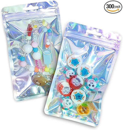 Resealable Bags Holographic Bags 300 PCS (Outer Size 4.53x7.28 Inch/Inner Size 4x6 Inch) Packaging Bags for Food Storage Jewelry Supplies Small Business