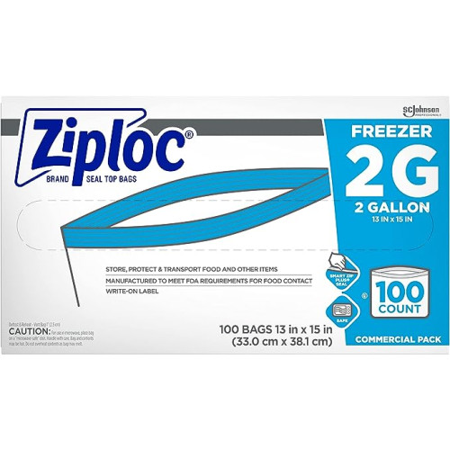 SC Johnson Professional Ziploc Freezer Bags, For Food Organization and Storage, Double Zipper, 2 Gallon, 100 Count