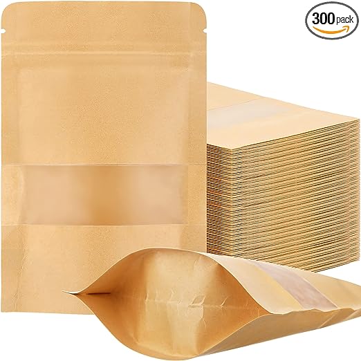 300 Pcs Kraft Bags with Window Kraft Stand up Pouches Bulk Kraft Zipper Lock Paper Bags Pouches Food Storage Bags Reusable Heat Sealable Bags for Packaging Home Office Business (6 x 9 Inch)