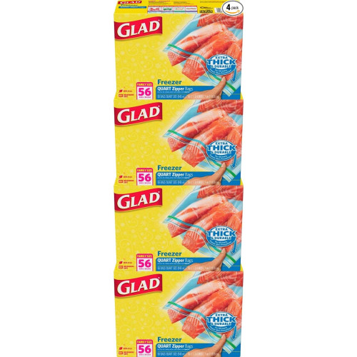 GLAD Food Storage & Freezer Bags, Freezer Bags with Zipper for Lasting Freshness, Food Storage Bags, Quart Disposable, 56 Count (Pack of 4)