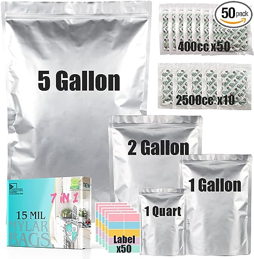 50pcs Mylar Bags for Food Storage With Oxygen Absorbers, 15 Mil Extra Thick Mylar Bags, 4 Size Set(5 Gallon, 2 Gallon, 1 Gallon, 1 Quart)2500cc and 400cc Oxy-Sorb (Individually Sealed)