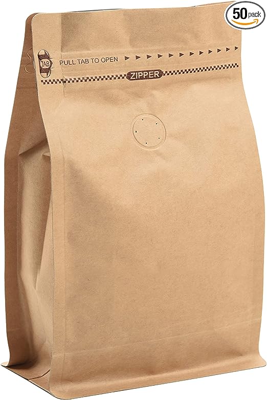 50 Count 8 Ounces Kraft Paper Coffee Bags - High Barrier Kraft & Foil Liner - Flat Bottom Coffee Pouches with Degassing Valve, Food Storage Bags with Rsealable Zipper & Easy Open Tape (50pcs, 8oz/0.5lb)