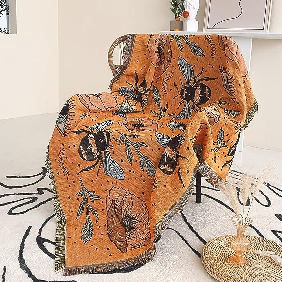 Shesyuki Boho Throw Blanket Reversible Cotton Bohemian Tapestry Hippie Room Decor Double Sided (Boho Bee Yelow 50