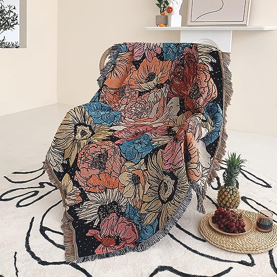 Shesyuki Boho Throw Blanket Reversible Cotton Bohemian Tapestry Hippie Room Decor Double Sided (Boho Flower Dark 50x60)