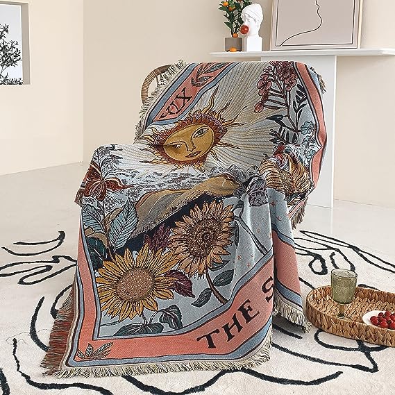Shesyuki Boho Throw Blanket Reversible Cotton Bohemian Tapestry Hippie Room Decor Double Sided (Boho The Sun 50x60)