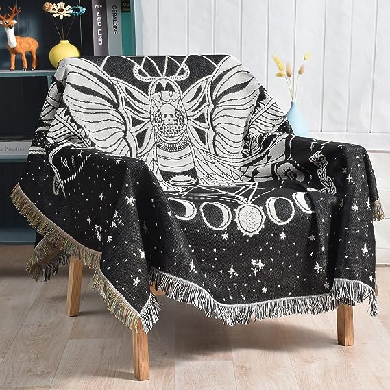 Shesyuki Boho Throw Blanket Reversible Cotton Bohemian Tapestry Hippie Room Decor Double Sided (Month Moth Black 50x60)
