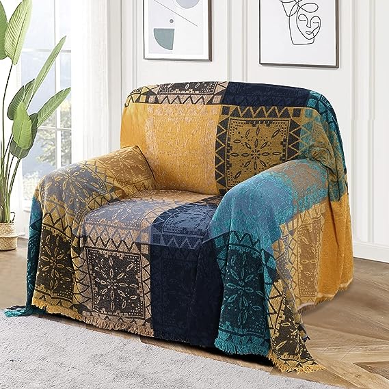 ROOMLIFE Bohemian Throw Blanket Soft Cozy Chenille Bed Throws Boho Woven Colorful Blankets for Recliner Chair Couch Futon Unifunction Furniture Cover Sofa Slipcover,71x91