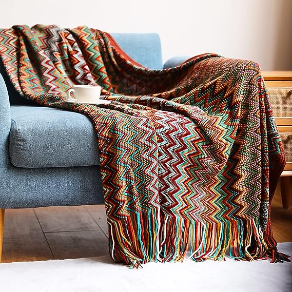 Bohemian Throw Blankets, Boho Knitted Tassel Super Soft Cozy Lightweight Couch Decorative Bed, Sofa, Outdoor Blanket - All Seasons (Red 50x60 Inch)