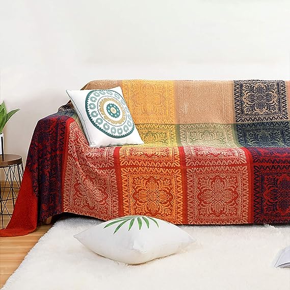 CaptainRay Bohemian Tribal Throws Blankets Reversible Colorful Red Blue Boho Hippie Chenille Jacquard Fabric Throw Covers Large Couch Furniture Sofa Chair Loveseat Recliner Oversized (Red, L:102X87)
