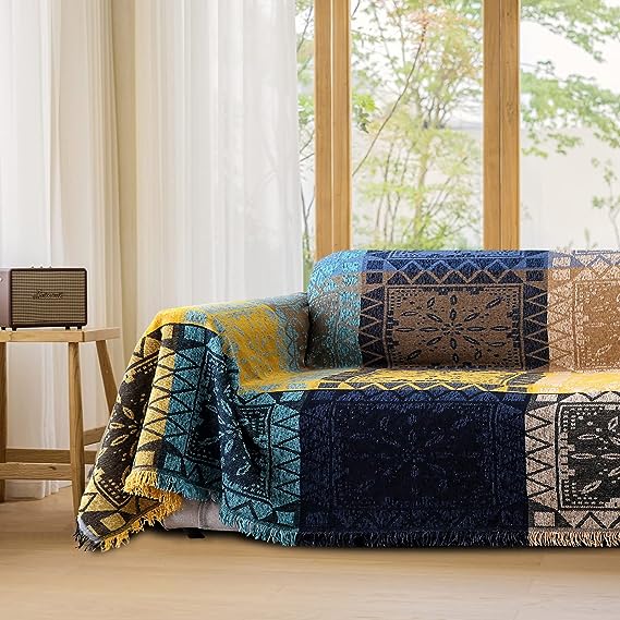 VClife Soft Chenille Sofa Slipcover Boho Throw Blanket Yellow Blue Khaki Couch Cover for 3 Cushion Furniture Pet Dog, Fur-Resistant, Fade Wrinkle Shrink Resistant