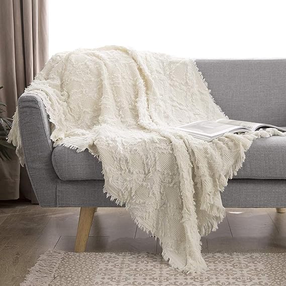 Simple&Opulence 100% Cotton Throw Blanket for Bed, Couch, Boho Textured Geometric Knit Woven with Tassels Soft, Lightweight Breathable Shabby Chic Farmhouse Decoration All-Season(White)