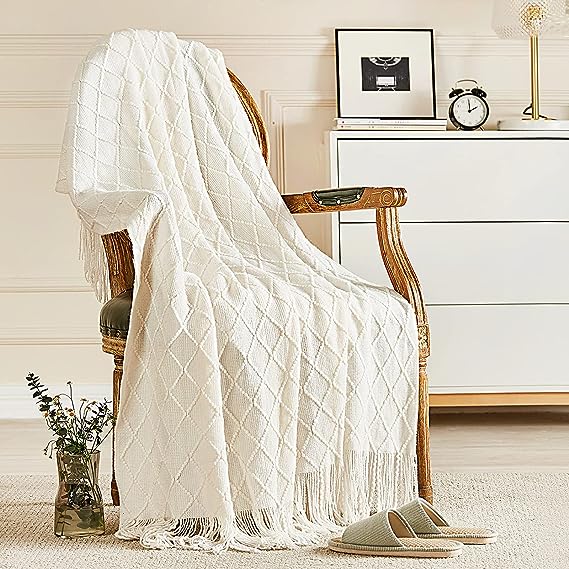 inhand Knitted Throw Blankets for Couch and Bed, Soft Cozy Knit Blanket with Tassel, Off White Lightweight Decorative Throws, Farmhouse Warm Woven Men Women, 50x60