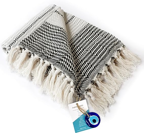 Peshtemania Premium Cotton Boho Throw Blanket 40”x70” Grey Black and White Blankets for Bed Sofa Couch Outdoor Farmhouse Turkish Throws Bedroom Picnic Yoga